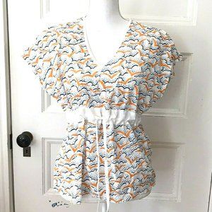 Eley Kishimoto Blue Orange White Bird Print Top Cotton Drawstring Waist